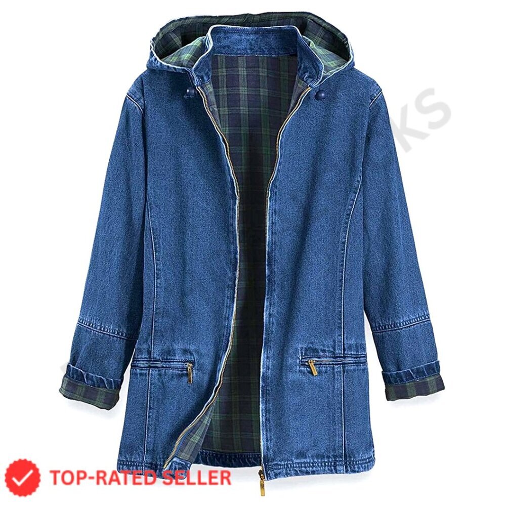 Flannel Lined Denim Jacket Detachable Hood Zip Pockets Classic Casual Fit